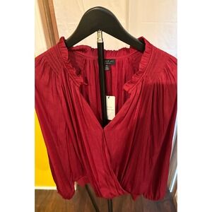 Current Air Los Angeles Red Satin Pleated Ruffle Blouse Top Size XS NWT Boho